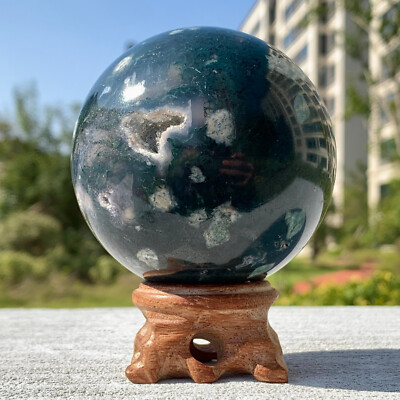 491G Natural Water Grass Agate Ball Quartz Crystal Healing Decor Reiki+stand