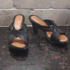 Nurture Serra Black Leather Strappy 3" Heel Slip on Sandals Slide Mule Vg+
