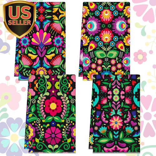 4 Pieces Mexican Kitchen Dish Towel Flowers Leaves Holiday Mexican Hand Towels F