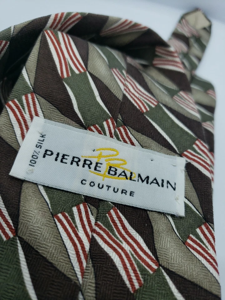 Pierre Balmain Couture Neck Tie Brown Green 100% Silk - Изображение 3 из 4