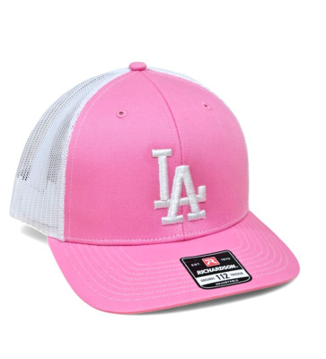 3D LA WHITE Embroidered on PINK & WHITE Richardson 112 Trucker Style Hat NEW