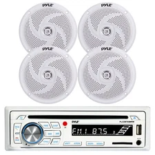 Pyle Single DIN Marine USB Bluetooth Stereo Receiver with Pyle 4" White Speakers