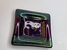 Vintage Dichroic Glass Signed Fused Glass Plate 4" Sq. Irridescent (K4)