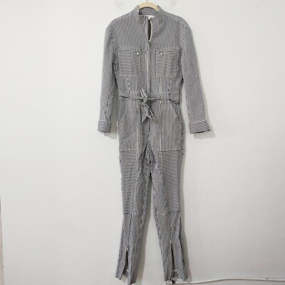 Jonathan Simkhai Striped Jumpsuit Belted Zipper Pockets Boiler Suit White Blue 4