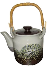 Takahashi Teapot Rattan Handle Trees Hand Decorated San Francisco Browns Yellow 