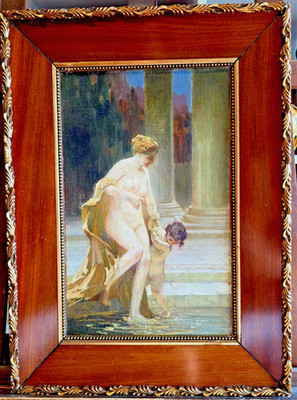 Original Gemälde Cäsar Philipp 1859 - 1930, ''Frauenakt mit Kind am Badebecken''