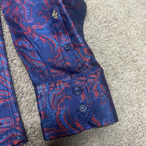 Camisa Robert Graham Edición Limitada Hombre Mediana Seda Paisley Floral Rojo Azul - Imagen 9 de 19
