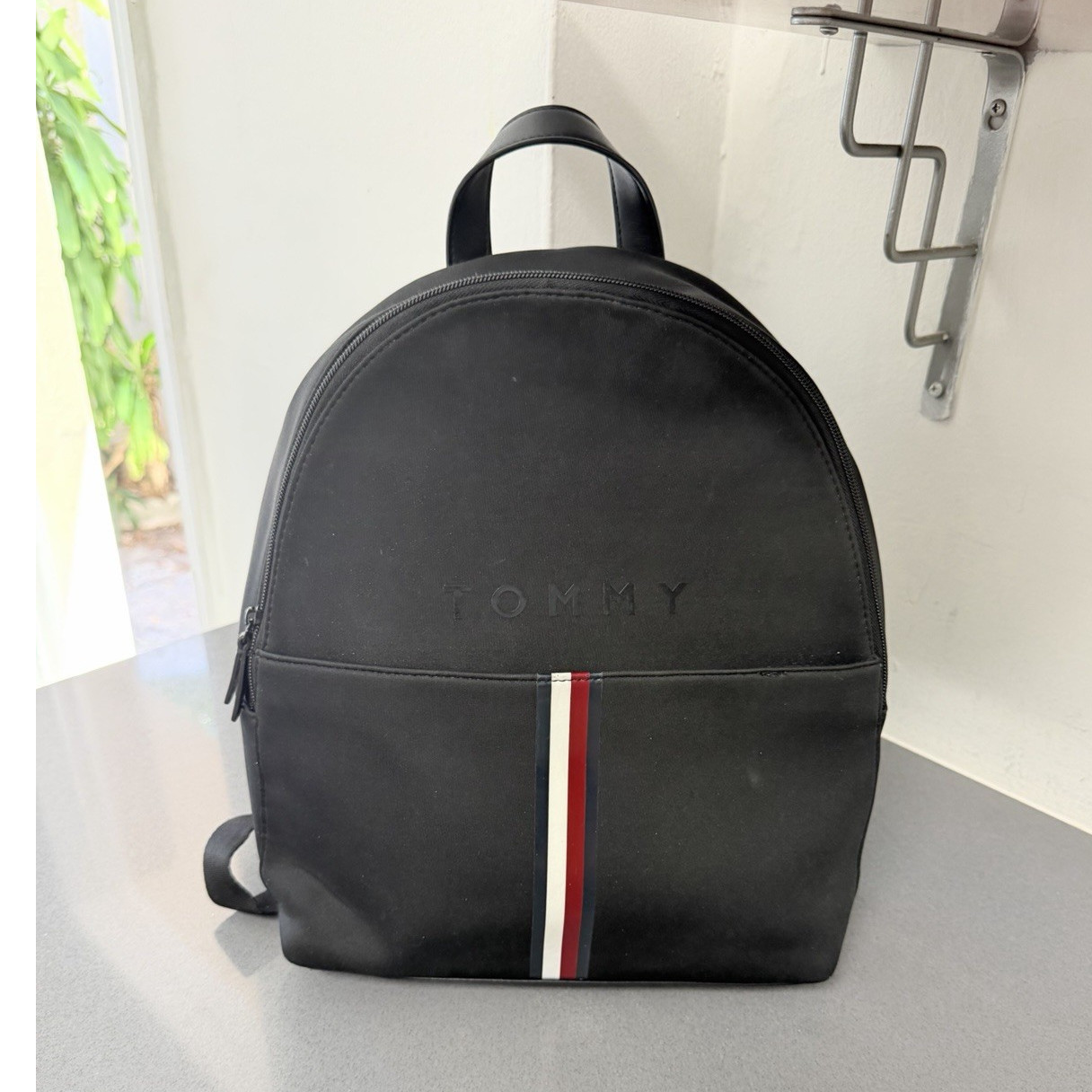 Tommy Hilfiger Black Backpack Red White Blue Stripe Zip Adjustable Strap Women
