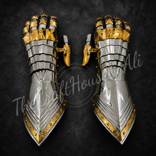 Medieval Steel Gauntlets 16 Gauge Armor Gloves w/ Brass Accents Leather Lining
