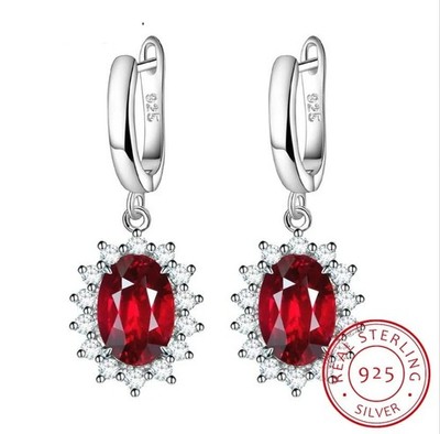 925 Sterling Silver Halo Simulated Oval Ruby Dangle Drop Earrings