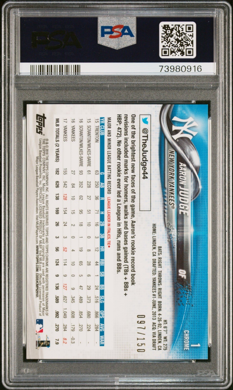 2018 TOPPS CHROME #1 AARON JUDGE BLUE REFRACTOR /150 PSA 9 view 3