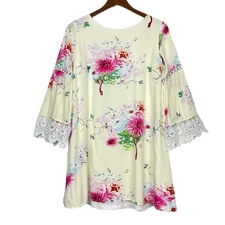 Davi & Dani Medium Women's Ivory Cream Floral Bell Sleeve Boho Tunic Mini Dress