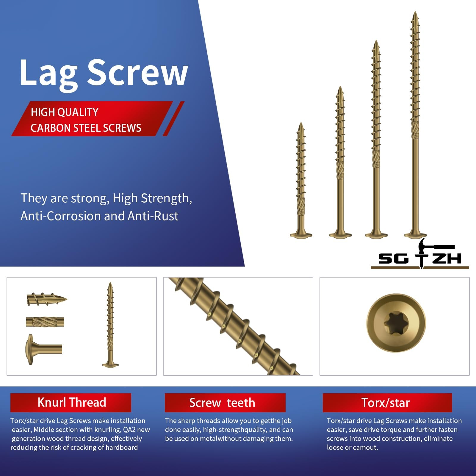 #14 x 6 Inch Lag Screws 48Pcs 2lb. Structural Wood Screw Bronze Carbon Steel ...