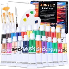 33 Stück Leinwand Acrylfarben Set 24 *Tube Acrylfarben mit 5 *Pinselset +2*L...