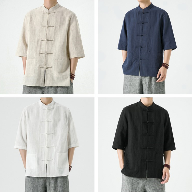 Summer Men's Chinese Cotton Linen Tang Suit 3/4 sleeve Shirt Casual Retro Tops