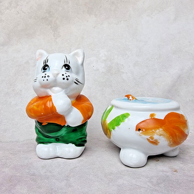 Duo Salzstreuer Pfefferstreuer Katze aus Keramik - Aquarium Fische - Original