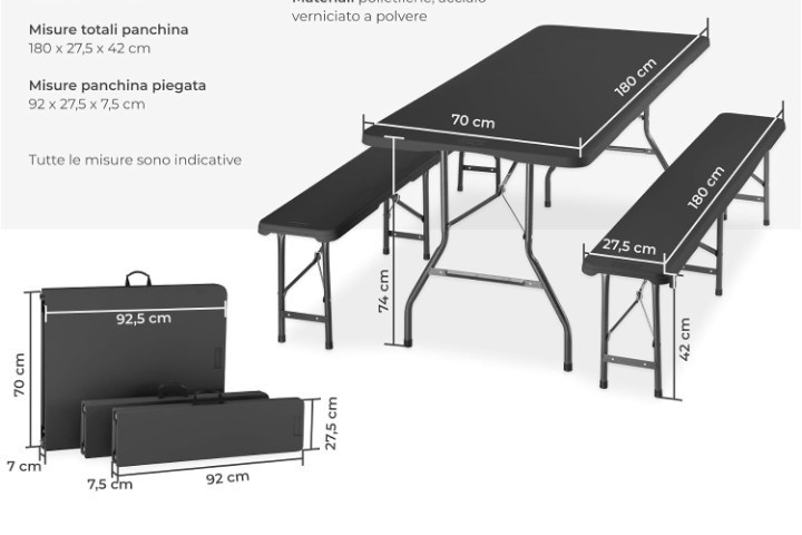 Set birreria da giardino pieghevole in rattan nero, tavolo 180x70 + 2 panche