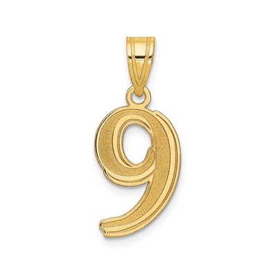 14k Yellow Gold Number 9 Pendant Bold Textured Polished Unisex Lucky Charm