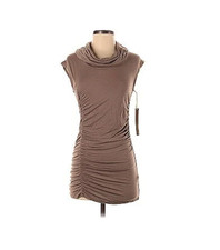 Kenar Cowl Neck Ruched Bodycon Mini Dress Womens M Taupe Sleeveless New #5064