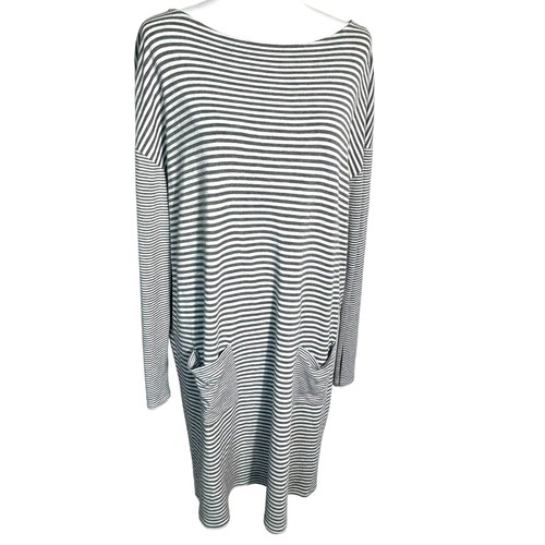 J. JILL Women's Large Gray White Striped Long Sleeve Pocket Front Tunic Dress