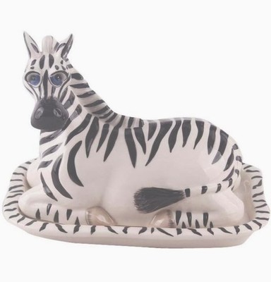 Zebra Butter Dish Ceramic w/lid Blue Sky Clayworks 7.5x5  Artist Lynda Corneille