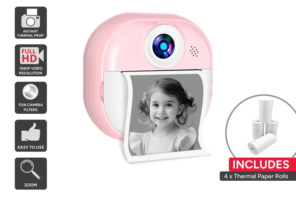 Kogan Kids Instant Print Digital Camera with 4 Rolls (Pink), Instant Cameras,