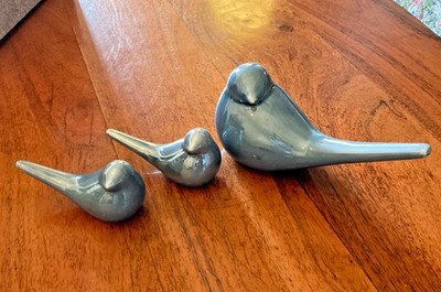 Set of 3 Glossy Ceramic Blue Birds Babies & Mama Scandinavian-inspired MCM Vibe 