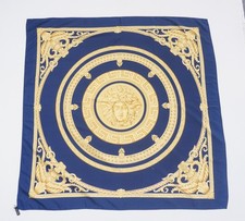 ATELIER VERSACE Silk Pocket Square Scarf Medusa Baroque Blue Gold