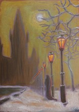 Original expressionistische Pastellzeichnung von Straßenlaternen - gerahmt zeitgenössische Kunst