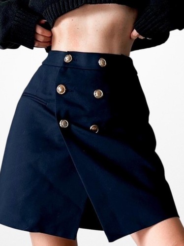 Zara Basic Womens Asymmetrical Double Button Front Wrap Skirt Navy Sz Large