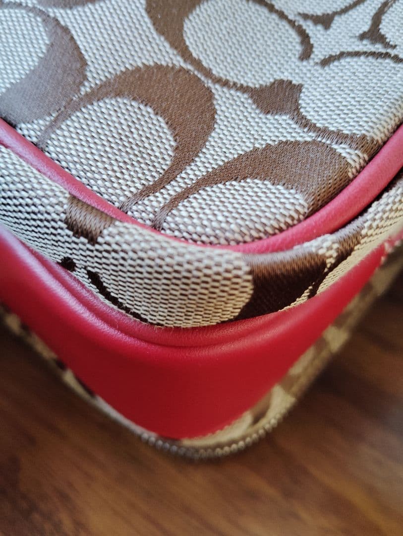 COACH Signature Canvas Red Crossbody Bag Leather Trim Women's Authentic image 7