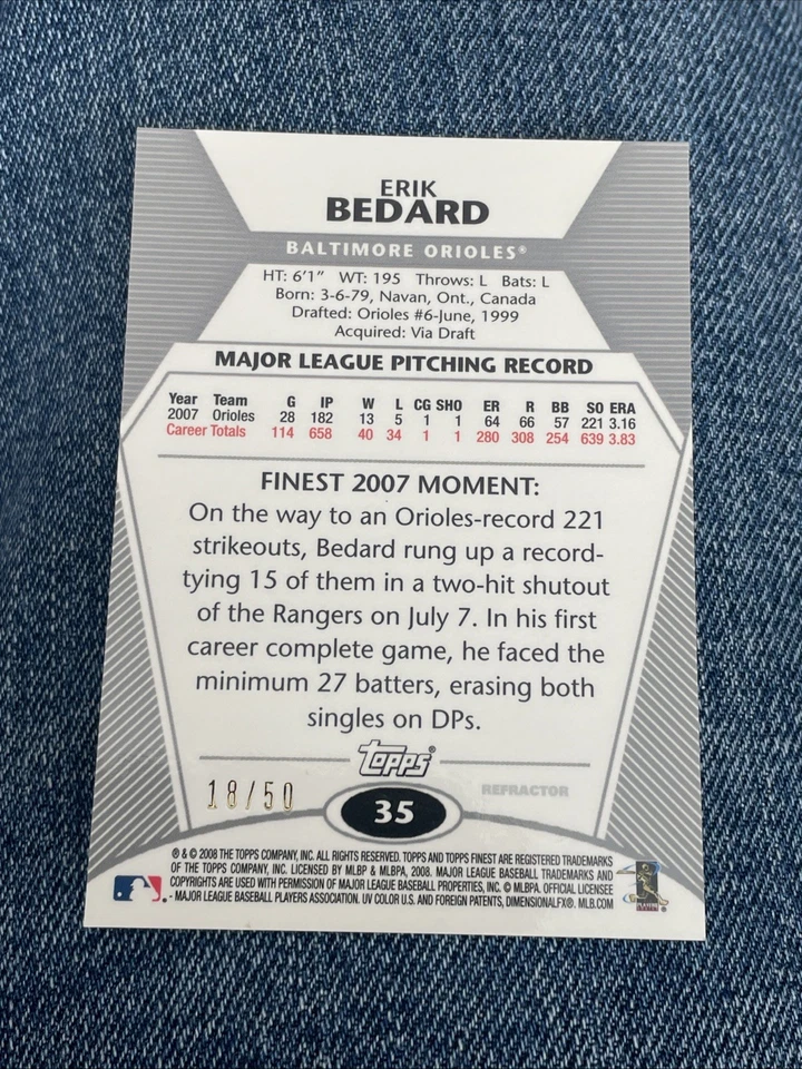 2008 TOPPS FINEST ERIK BEDARD GOLD REFRACTOR ~ #35 ORIOLES #18/50 SSP - Image 3 of 4