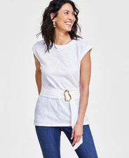 I.n.c. International Concepts Women's Crewneck Belted Top-Bright White-Medium