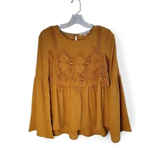 Jolt Gold Bell Sleeve Crochet Skirted Blouse Size Small Peasant Boho