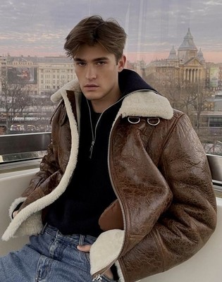RAFB3 Bomber Aviator Genuine Leather Jacket SheepSkin Shearling Fur Flying Coat