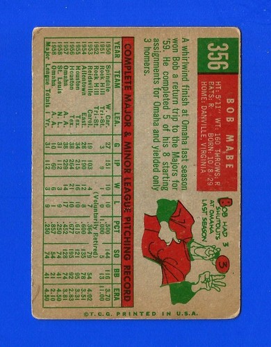 1959 Topps SET BREAK #356 BOB MABE RC EXCELLENT+ CINCINNATI REDS (SB2) - Picture 2 of 2