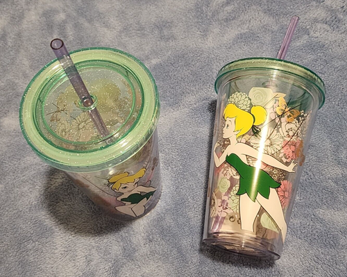 Disney Fairies Tinker Bell Tumbler Plastic Lid Straw Glitter Set of 2 - Picture 2 of 3