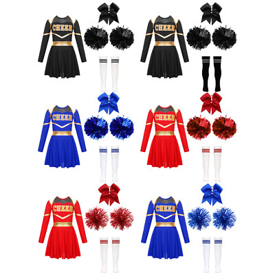 Cheer Leader Kostüm Mädchen Cheerleading Uniform Kleid mit Pompoms Harrband Set