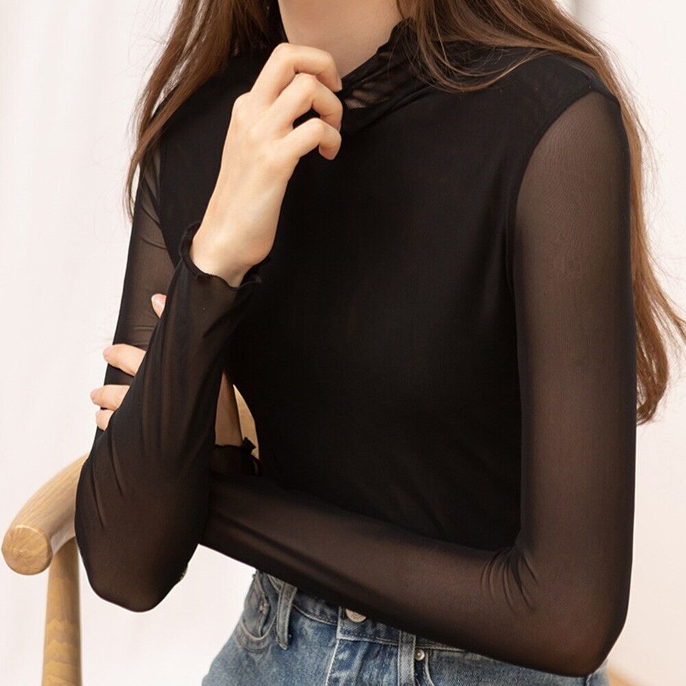 Women's Turtleneck Top with Solid Mesh and Slim Fit for Daily Wear ...