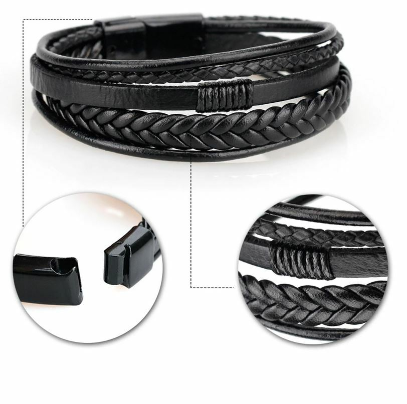 Bracciale Uomo In Vera Pelle Nera Intrecciata Con Chiusura In Lega – Regalo Unisex 23 Cm