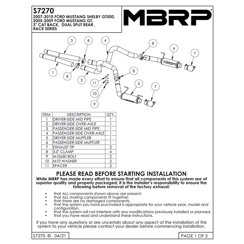 MBRP S7270AL Armor Lite Steel Cat Back Exhaust for 2007-2010 Ford GT500 5.4L V8