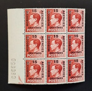 MOROCCO AGENCIES 1936 King Edward VIII 15 Centimes OVPT SHEET #086650 BLOCK of 9