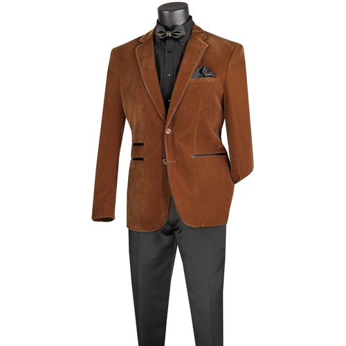VINCI Men's Bourbon Brown Velvet 2 Button Slim Fit Blazer w/ Leather Trim NEW - Picture 3 of 3