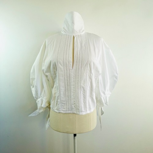 Scanlan Theodore Size 8 10 White Cotton Balloon Sleeve Top With Neck Tie - Picture 4 of 24