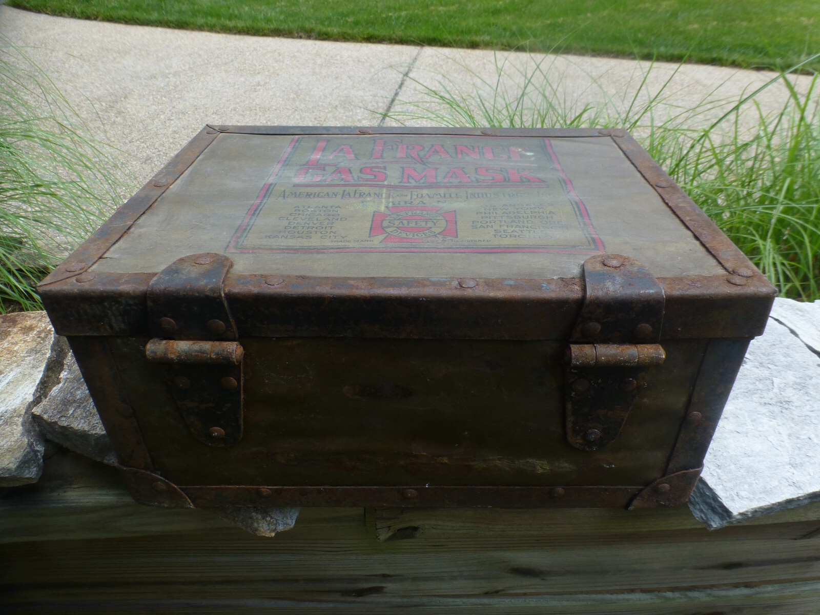 Antique American LaFrance Gas Mask Box & Instructions Firetruck *ONLY