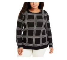 Charter Club Womens Plus 2X Black Plaid Grid Metallic Crew Neck Sweater NWT F30