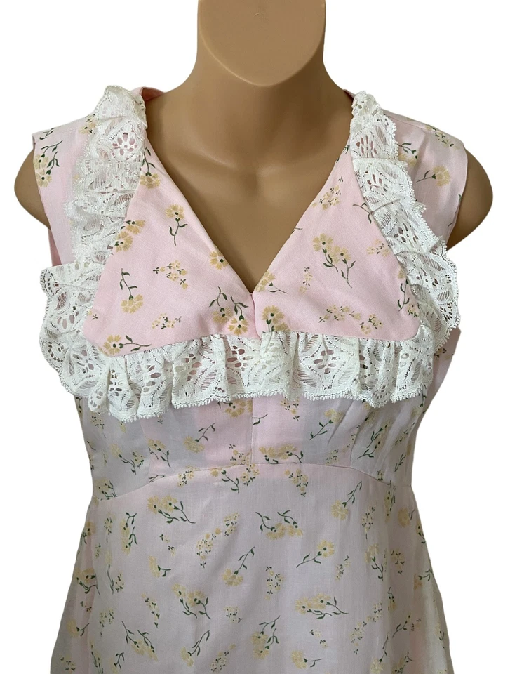 Vintage 60's 70's Pink Flocked Daisies Bridesmaid Sleeveless Prom Dress Boho  10 - Image 3 of 4