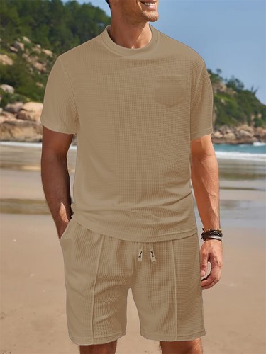 Mens Waffle Outfit 2-Piece Set Short Sleeve T- Shirts and Shorts Sweatsuit Set - Picture 21 of 25
