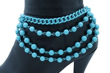 Women Sky Blue Western Look Metal Chain Boot Bracelet Anklet Shoe Balls Charm