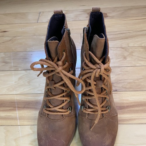Sorel Joan Uptown Wedge Boots Women 8 Camel Brown Leather Ankle Bootie Lace Up - Picture 5 of 11